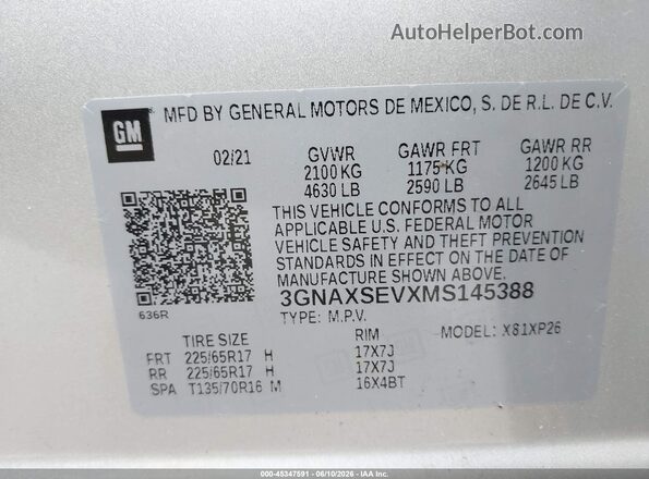 3GNAXSEVXMS145388 2021 CHEVROLET EQUINOX Silver ძრავის განყოფილების ხედი