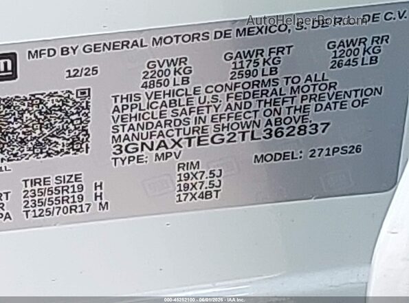 3GNAXTEG2TL362837 2026 CHEVROLET EQUINOX White Շարժիչի բաժամունքի տեսք