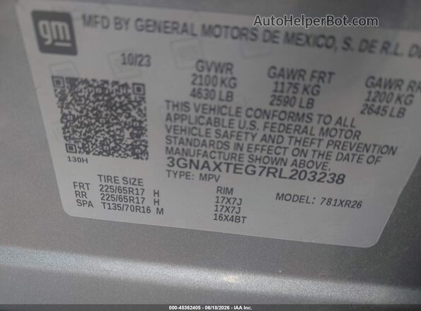 3GNAXTEG7RL203238 2024 CHEVROLET EQUINOX Silver Vista del compartimento del motor