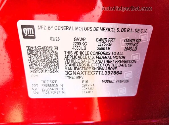 3GNAXTEG7TL397664 2026 CHEVROLET EQUINOX Red Vista de la etiqueta del VIN
