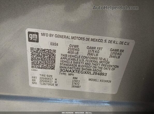 3GNAXTEGXRL294893 2024 CHEVROLET EQUINOX Silver ძრავის განყოფილების ხედი
