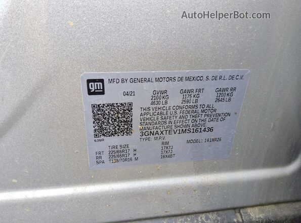 3GNAXTEV1MS161436 2021 CHEVROLET EQUINOX Silver Widok naklejki z numerem VIN