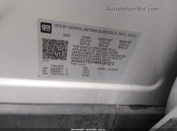 3GNAXTEV4MS162273 2021 CHEVROLET EQUINOX Silver Շարժիչի բաժամունքի տեսք