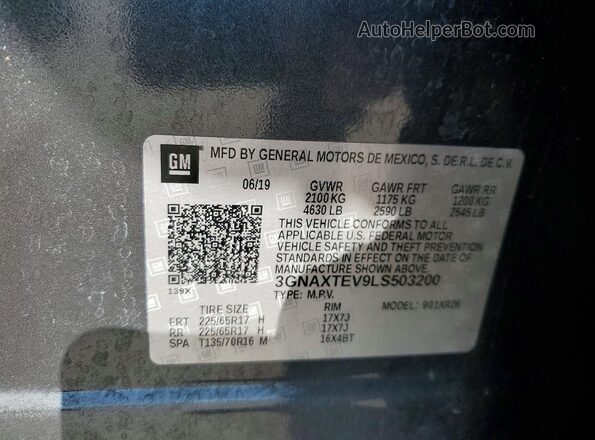3GNAXTEV9LS503200 2020 CHEVROLET EQUINOX Gray VIN კოდის სტიკერის ხედი