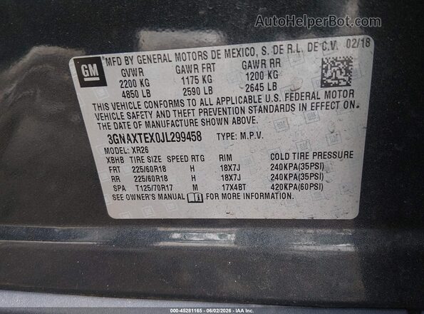 3GNAXTEX0JL299458 2018 CHEVROLET EQUINOX Gray Widok komory silnika
