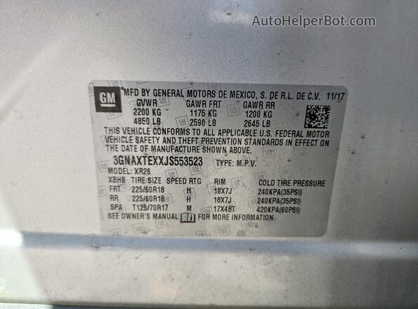 3GNAXTEXXJS553523 2018 CHEVROLET EQUINOX Silver Вид наклейки з VIN-кодом