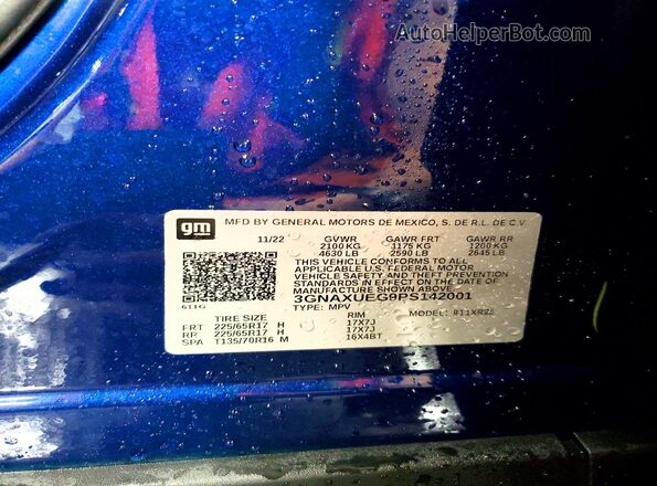 3GNAXUEG9PS142001 2023 CHEVROLET EQUINOX Blue Vista de la etiqueta del VIN