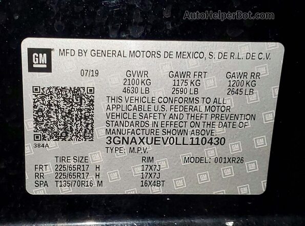 3GNAXUEV0LL110430 2020 CHEVROLET EQUINOX Black 