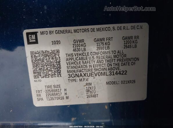 3GNAXUEV0ML314422 2021 CHEVROLET EQUINOX Синий Вид подкапотного пространства