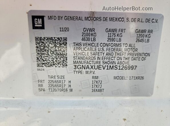 3GNAXUEV1MS126997 2021 CHEVROLET EQUINOX White Widok naklejki z numerem VIN