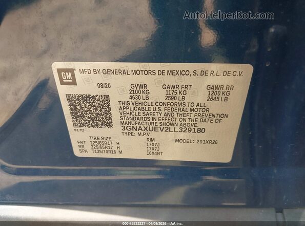3GNAXUEV2LL329180 2020 CHEVROLET EQUINOX Blue Vista del compartimento del motor