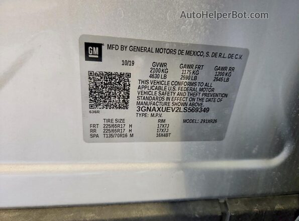 3GNAXUEV2LS569349 2020 CHEVROLET EQUINOX Silver Вид наклейки з VIN-кодом