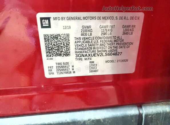 3GNAXUEV2LS604827 2020 CHEVROLET EQUINOX Красный Вид наклейки с VIN-кодом