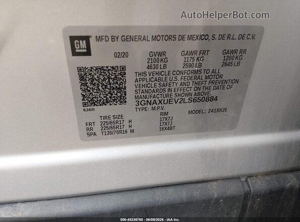 3GNAXUEV2LS650884 2020 CHEVROLET EQUINOX Silver Вид підкапотного простору