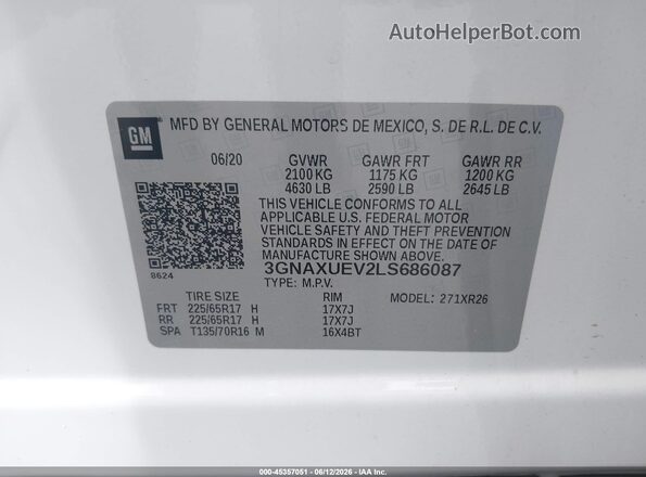 3GNAXUEV2LS686087 2020 CHEVROLET EQUINOX White 