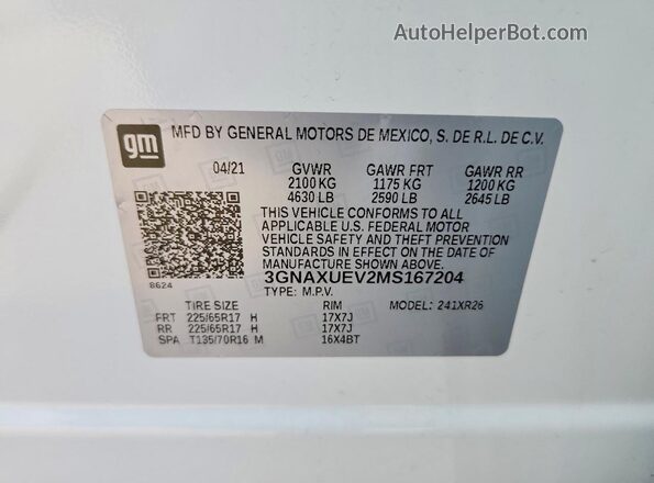 3GNAXUEV2MS167204 2021 CHEVROLET EQUINOX Белый Панорамный вид салона 360°