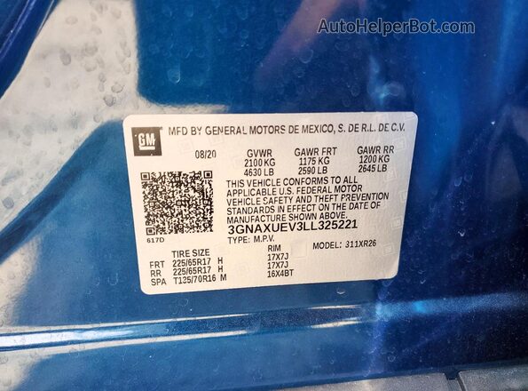 3GNAXUEV3LL325221 2020 CHEVROLET EQUINOX Blue Widok naklejki z numerem VIN