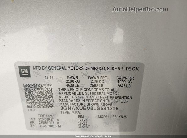 3GNAXUEV3LS584216 2020 CHEVROLET EQUINOX Silver Widok komory silnika