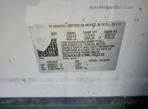 3GNAXUEV3ML393116 2021 CHEVROLET EQUINOX Белый 