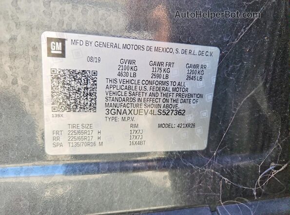 3GNAXUEV4LS527362 2020 CHEVROLET EQUINOX Charcoal VIN კოდის სტიკერის ხედი