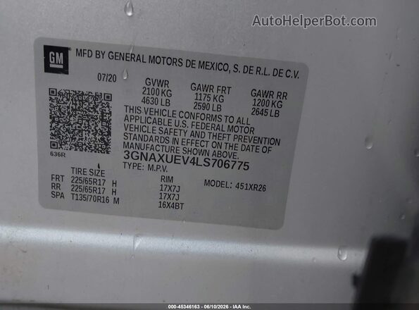 3GNAXUEV4LS706775 2020 CHEVROLET EQUINOX Silver Շարժիչի բաժամունքի տեսք