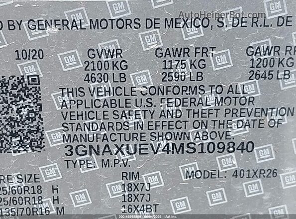 3GNAXUEV4MS109840 2021 CHEVROLET EQUINOX Silver Engine compartment view