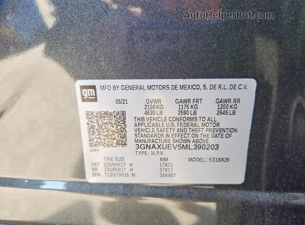 3GNAXUEV5ML390203 2021 CHEVROLET EQUINOX Серый 