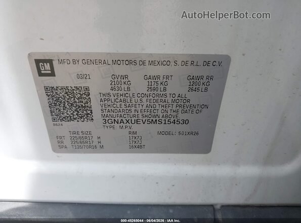 3GNAXUEV5MS154530 2021 CHEVROLET EQUINOX Белый Вид подкапотного пространства