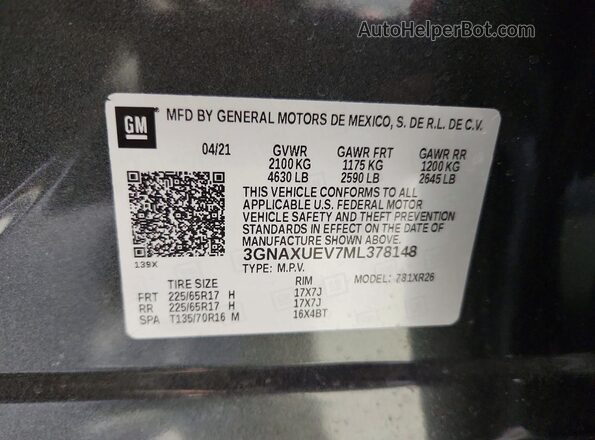 3GNAXUEV7ML378148 2021 CHEVROLET EQUINOX Gray VIN sticker view