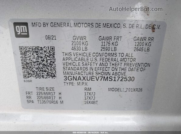 3GNAXUEV7MS172530 2021 CHEVROLET EQUINOX Silver 
