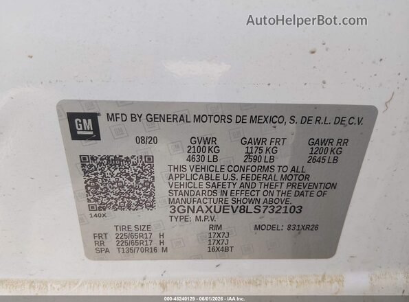3GNAXUEV8LS732103 2020 CHEVROLET EQUINOX White Vista del compartimento del motor