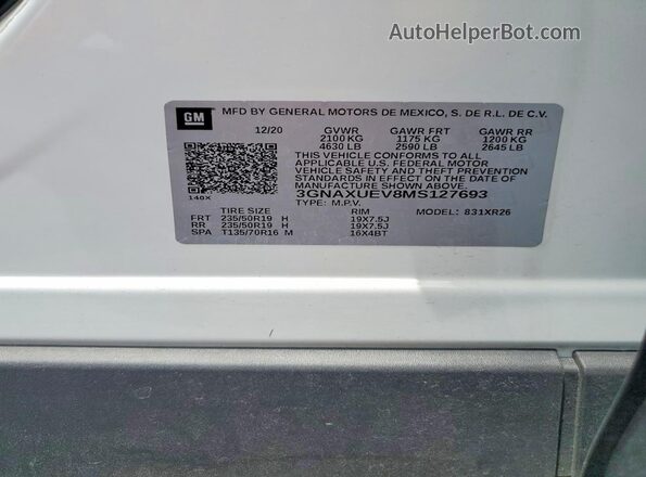 3GNAXUEV8MS127693 2021 CHEVROLET EQUINOX Белый 