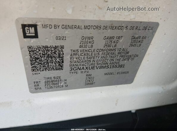 3GNAXUEV8MS155381 2021 CHEVROLET EQUINOX White Вид підкапотного простору
