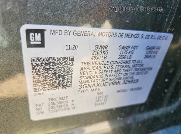3GNAXUEV9ML325919 2021 CHEVROLET EQUINOX Черный Вид наклейки с VIN-кодом