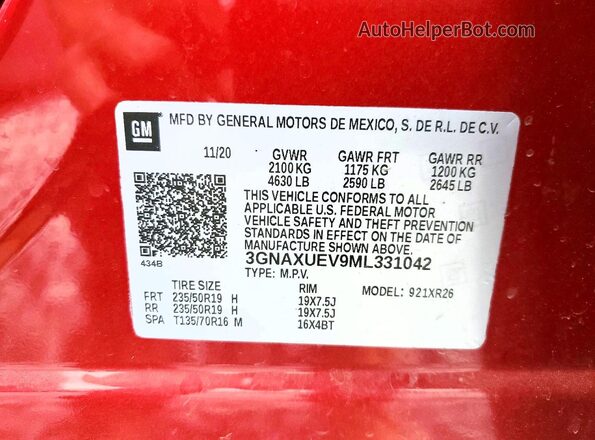 3GNAXUEV9ML331042 2021 CHEVROLET EQUINOX Красный Панорамный вид салона 360°