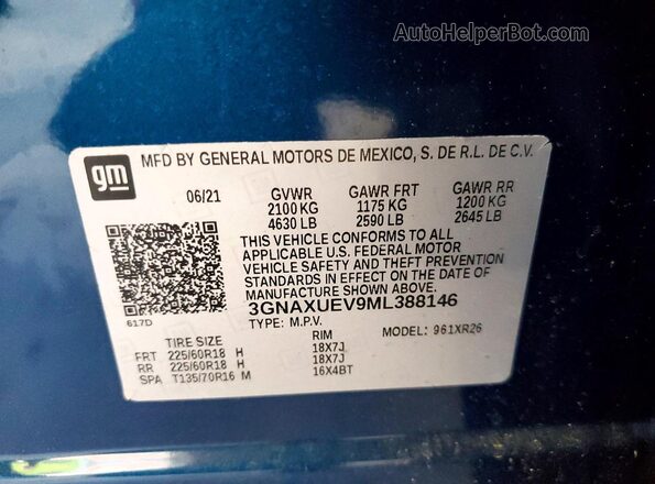 3GNAXUEV9ML388146 2021 CHEVROLET EQUINOX Blue VIN კოდის სტიკერის ხედი