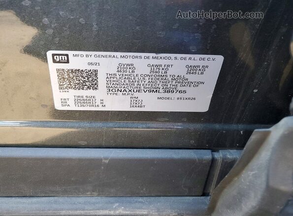 3GNAXUEV9ML389765 2021 CHEVROLET EQUINOX Gray 