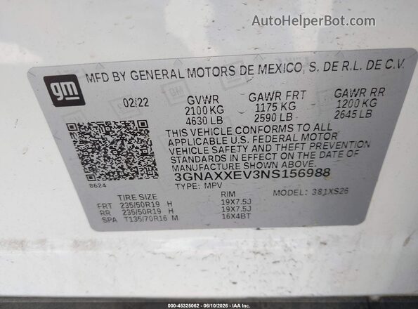 3GNAXXEV3NS156988 2022 CHEVROLET EQUINOX Белый Вид подкапотного пространства