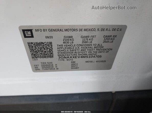 3GNAXXEV4MS104705 2021 CHEVROLET EQUINOX White Engine compartment view