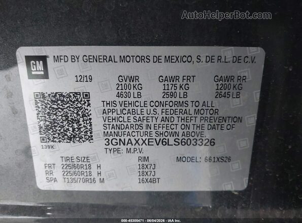 3GNAXXEV6LS603326 2020 CHEVROLET EQUINOX Gray Engine compartment view