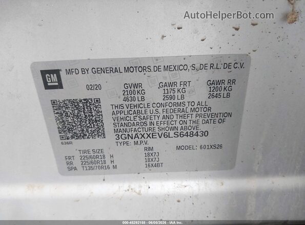 3GNAXXEV6LS648430 2020 CHEVROLET EQUINOX Silver Շարժիչի բաժամունքի տեսք