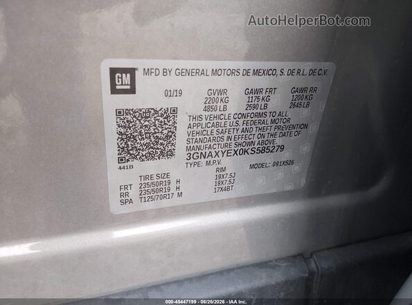 3GNAXYEX0KS585279 2019 CHEVROLET EQUINOX Gold ძრავის განყოფილების ხედი