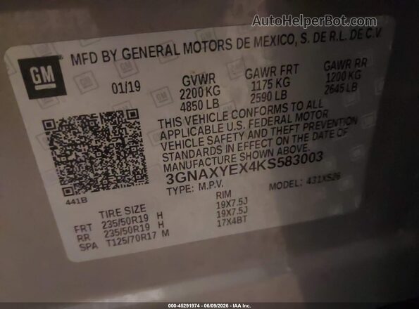 3GNAXYEX4KS583003 2019 CHEVROLET EQUINOX Gray 