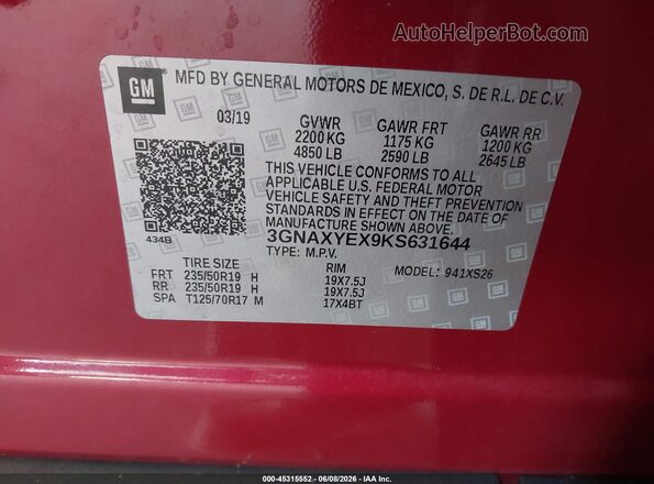 3GNAXYEX9KS631644 2019 CHEVROLET EQUINOX Burgundy ძრავის განყოფილების ხედი