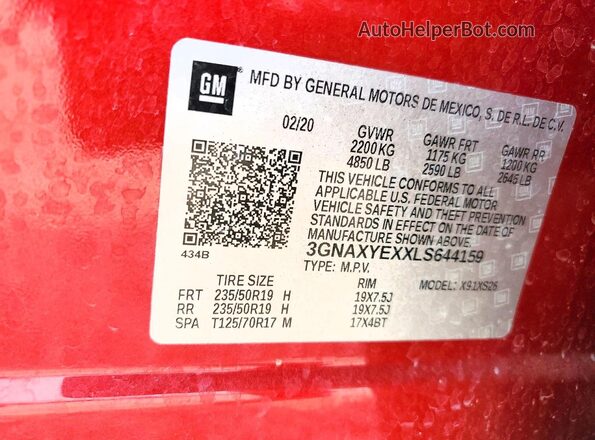 3GNAXYEXXLS644159 2020 CHEVROLET EQUINOX Maroon Вид наклейки з VIN-кодом