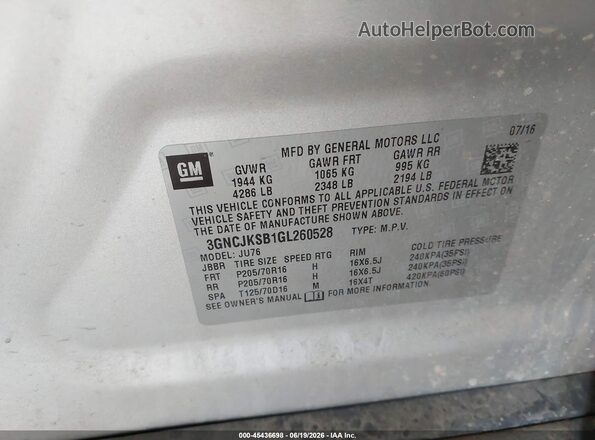 3GNCJKSB1GL260528 2016 CHEVROLET TRAX Silver Շարժիչի բաժամունքի տեսք