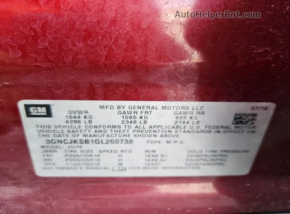 3GNCJKSB1GL260738 2016 CHEVROLET TRAX Red VIN sticker view