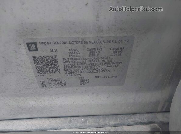 3GNCJKSB2JL394343 2018 CHEVROLET TRAX Silver Շարժիչի բաժամունքի տեսք