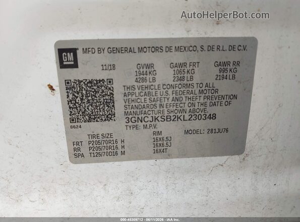 3GNCJKSB2KL230348 2019 CHEVROLET TRAX Белый Вид подкапотного пространства