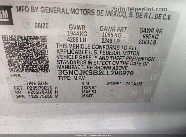 3GNCJKSB2LL296979 2020 CHEVROLET TRAX Silver Շարժիչի բաժամունքի տեսք